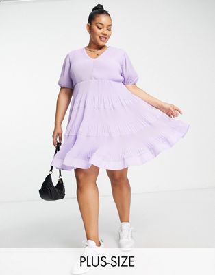Missguided Plus pleated tiered smock dress in lilac
