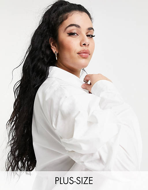 Missguided Plus poplin shirt with volume sleeve in white