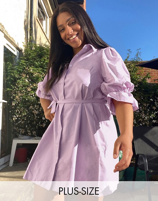 Missguided Plus puff sleeve belted midi shirt dress in lilac