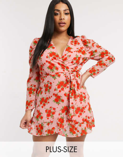 Missguided Plus puff sleeve ruffle hem wrap tea dress | ASOS