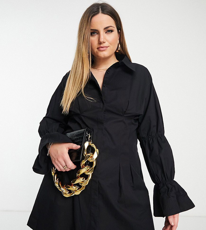 Missguided Plus puff sleeve shirt dress with cinched waist in black