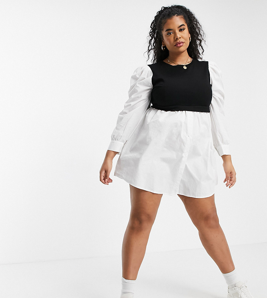Missguided Plus puff sleeve shirt dress with sweater insert in white