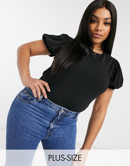 Missguided Plus puff sleeve top with open back detail in black