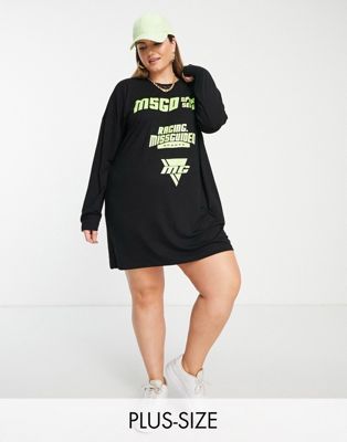 Missguided Plus racing graphic mini t-shirt dress in black
