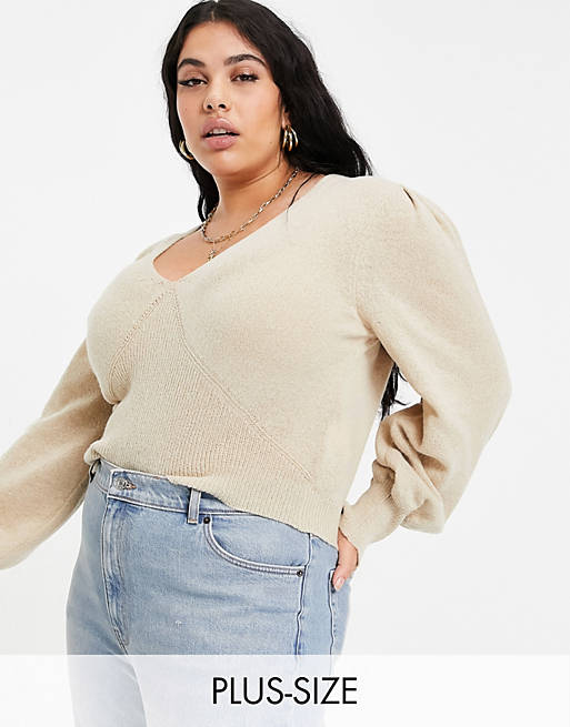 Jumpers & Cardigans Missguided Plus recycled jumper with balloon sleeve in stone 