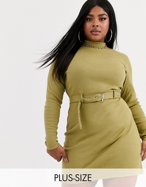 Missguided Plus ribbed belted mini dress in khaki