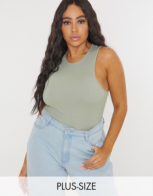 Missguided Plus ribbed bodysuit in sage