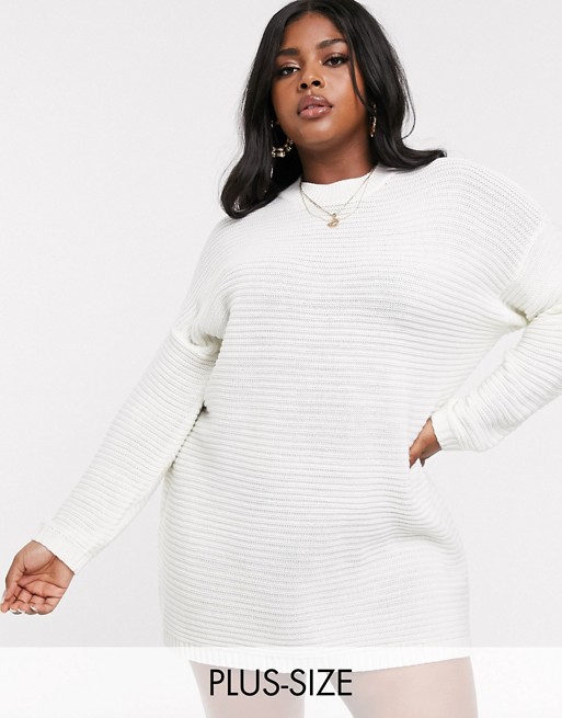 Missguided Plus ribbed jumper dress with high neck in white