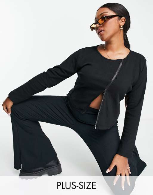 Missguided Plus ribbed long sleeve top with asymmetric zip in black ASOS