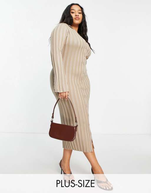 Missguided Plus ribbed midaxi dress with collar in stone