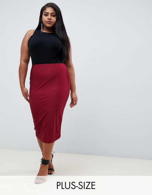 Missguided Plus ribbed velvet midi skirt in red