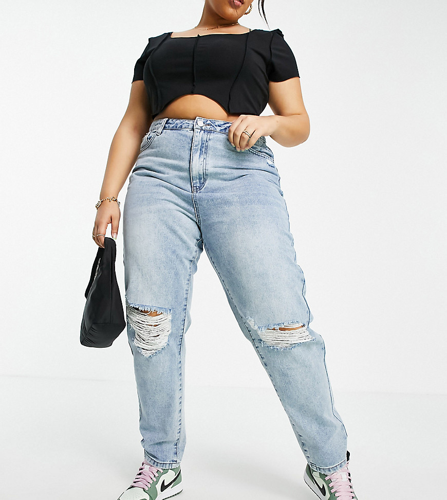 Missguided Plus Riot high waist mom jean with busted knee in blue-Blues