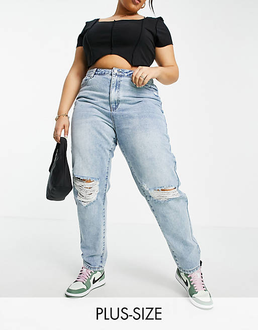 Missguided Plus Riot high waist mom jean with busted knee in blue