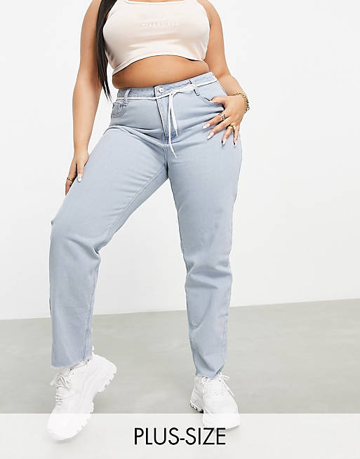Women Missguided Plus Riot high waist mom jean with raw hem in blue 