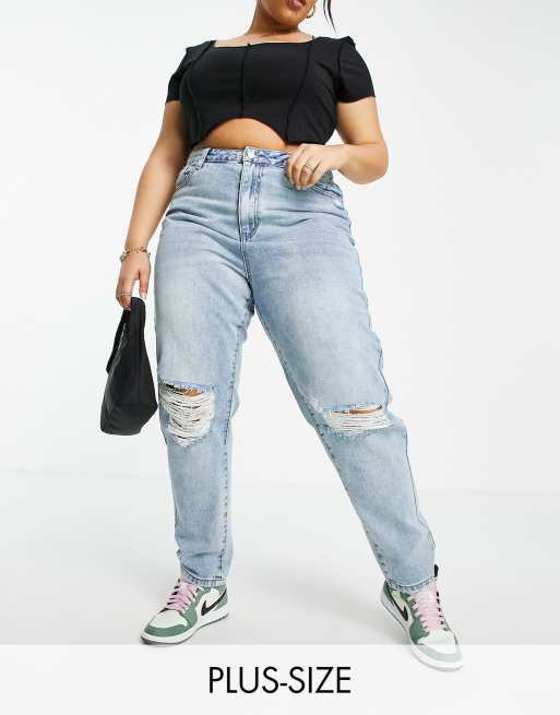 Missguided Plus Riot high waist mom jeans with busted knee in blue