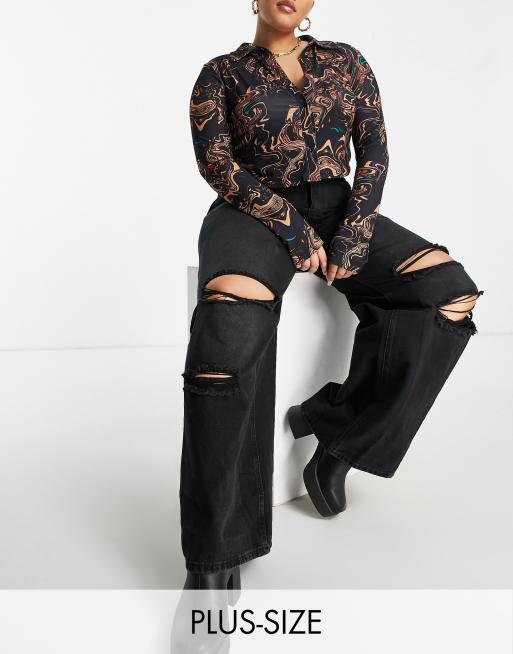 Plus Black Distressed Wide Leg Jeans