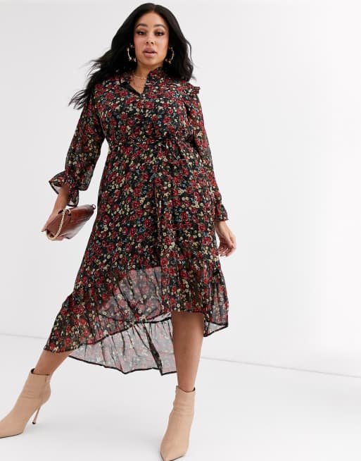 Missguided Plus - Robe babydoll mi-longue avec encolure à volants et imprimé à fleurs, 4 de 4