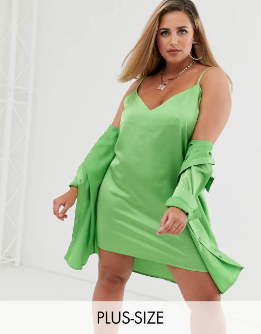 Missguided Plus - Robe style caraco et chemise en satin - Vert citron (ensemble), 3 de 3