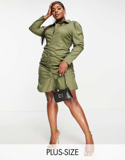 Missguided Plus - Robe chemise courte froncée - Kaki