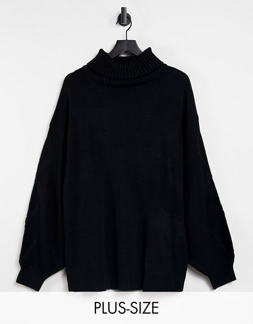 Missguided Plus roll neck jumper with cable sleeve in black