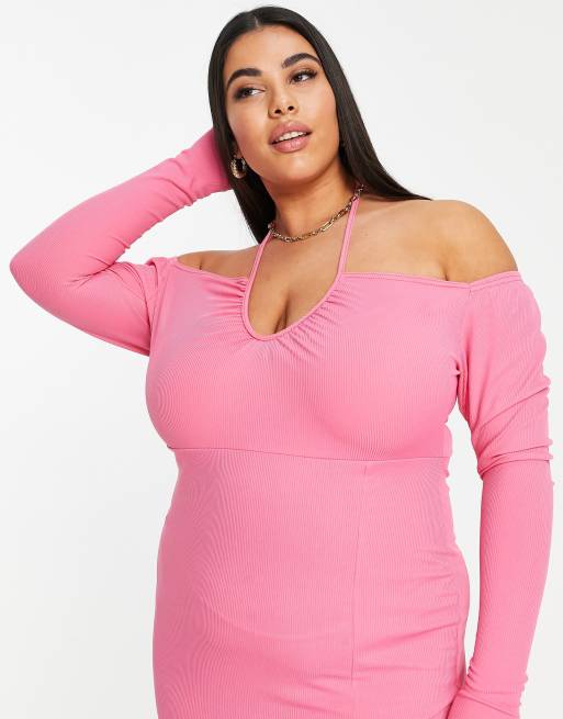 Missguided Plus – Różowa prążkowana sukienka midi z wiązaniem, 3 z 4