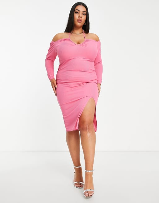 Missguided Plus – Różowa prążkowana sukienka midi z wiązaniem, 4 z 4
