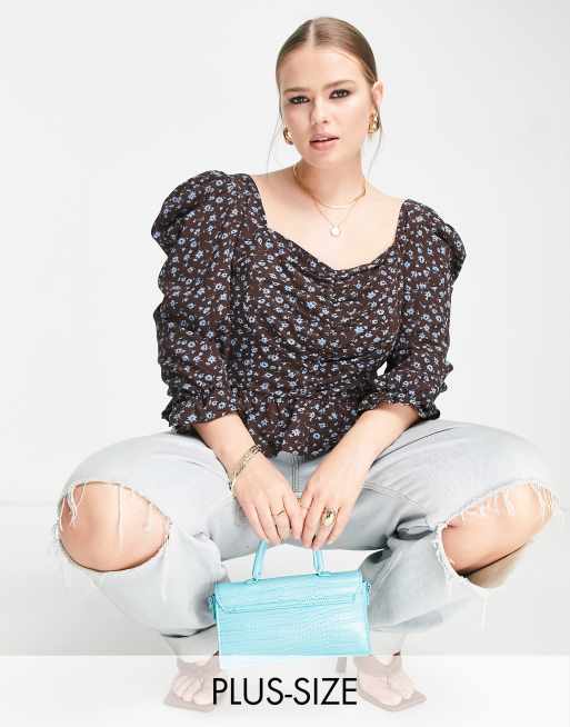 Missguided Plus ruched puff sleeve peplum blouse in black 
