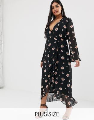 missguided plus wrap midi dress in floral print