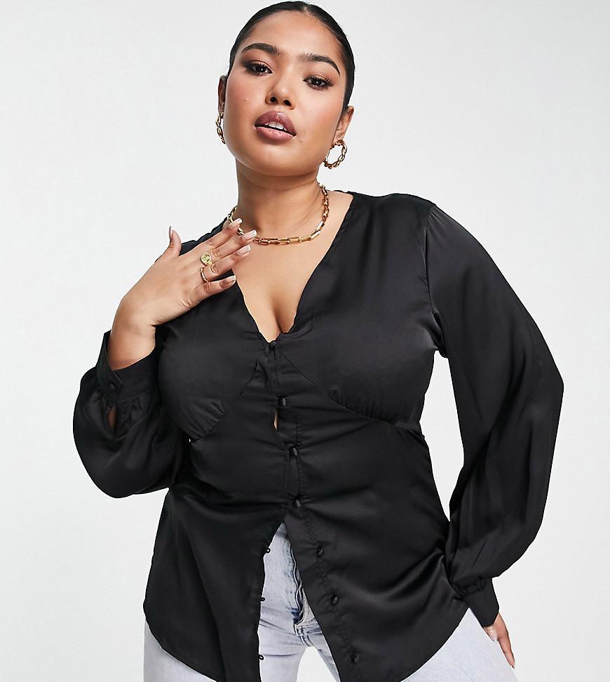 Plus-size top by Missguided Exclusive to ASOS V-neck Button placket Blouson sleeves Regular fit