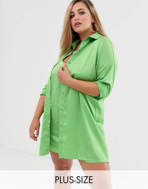 Missguided Plus – Hemd und Trägerkleid aus Satin in Limette im Set, 2 von 3