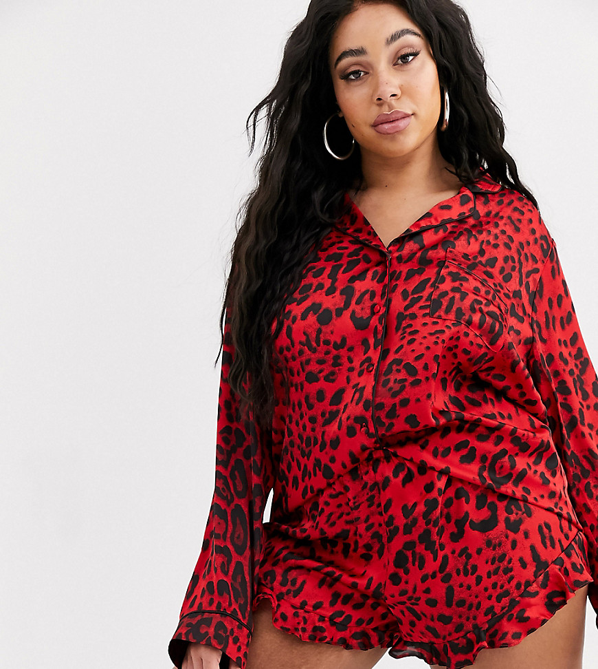 Missguided Plus satin pyjama short in leopard-Red