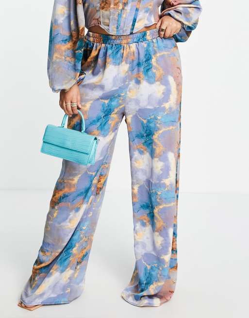 Missguided Plus satin wide leg trousers in abstract print