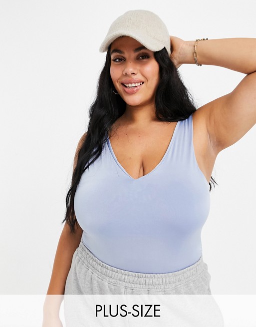 Missguided Plus seamless bodysuit with v neck in blue