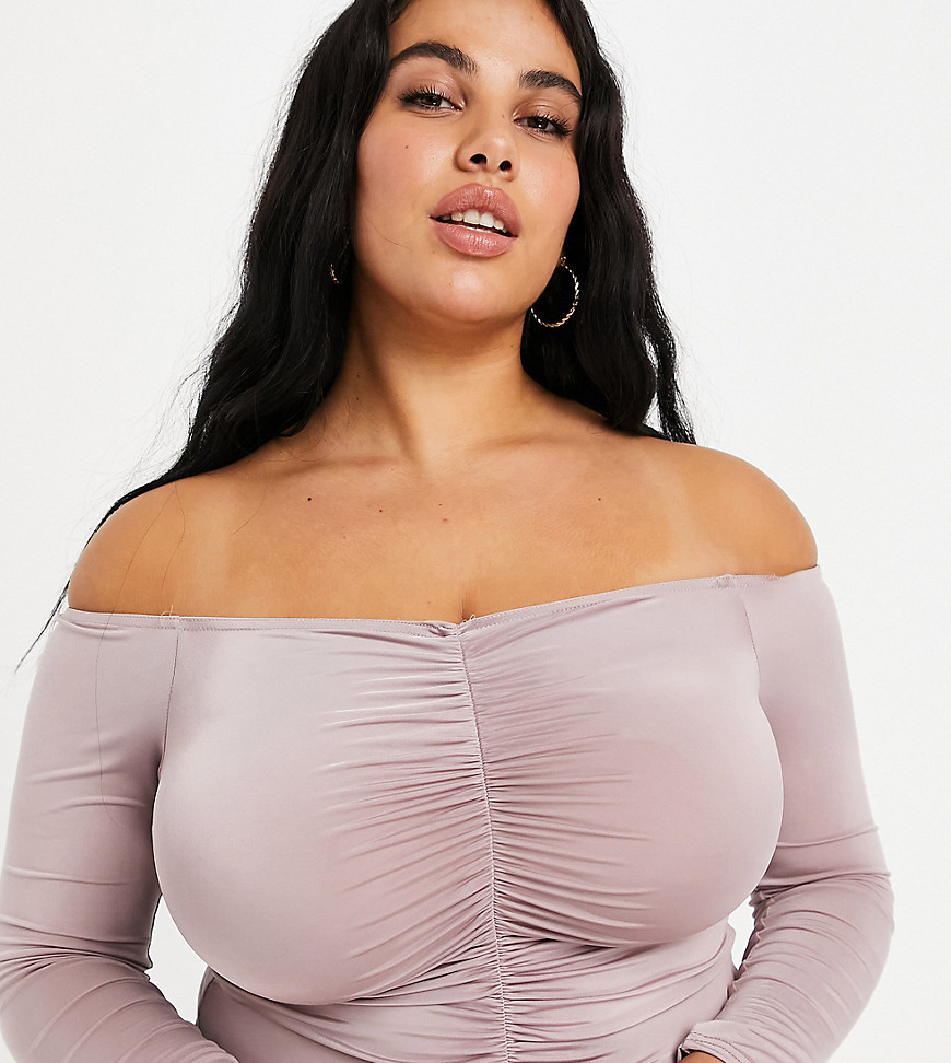 Missguided Plus seamless long sleeve bodysuit with ruching in mauve-Green