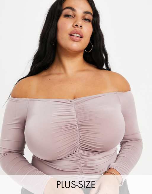 Missguided Plus seamless long sleeve bodysuit with ruching in mauve