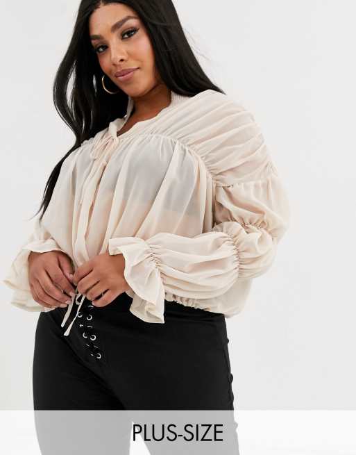 Missguided Plus sheer blouse with blouson sleeves in stone