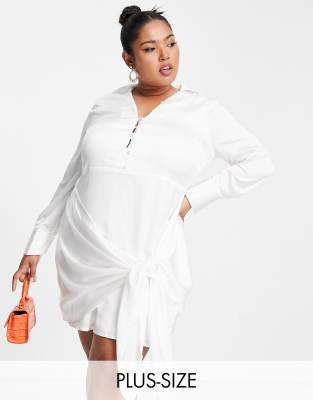 missguided white shirt dress Missguided Plus Shirt Dress With Knot Detail In White Satin