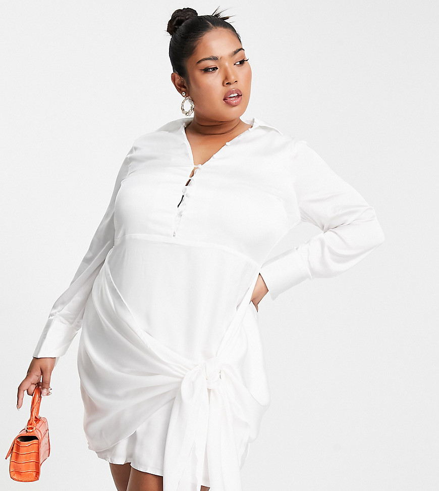 Missguided Plus shirt dress with knot detail in white satin