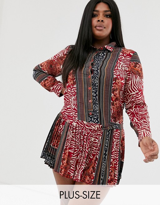 Missguided Plus shirt dress with pleated hem in mixed print