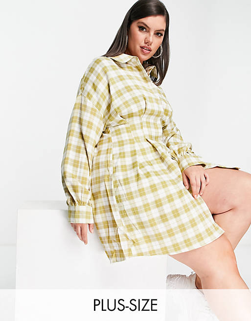 Missguided Plus shirt dress with pleated waist in green check