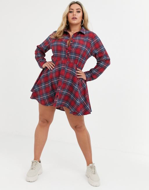 Missguided Plus skater shirt dress in brushed tartan check