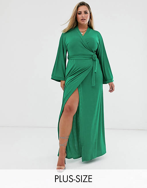 Missguided Plus slinky wrap maxi dress in green | ASOS