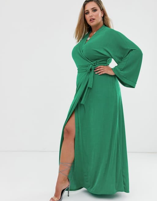 Missguided Plus slinky wrap maxi dress in green