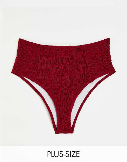 Missguided Plus - Slip bikini sgambato in tessuto stropicciato ruggine