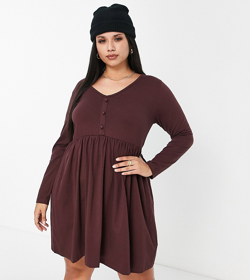 Missguided Plus smock dress with button detail in wine-Red