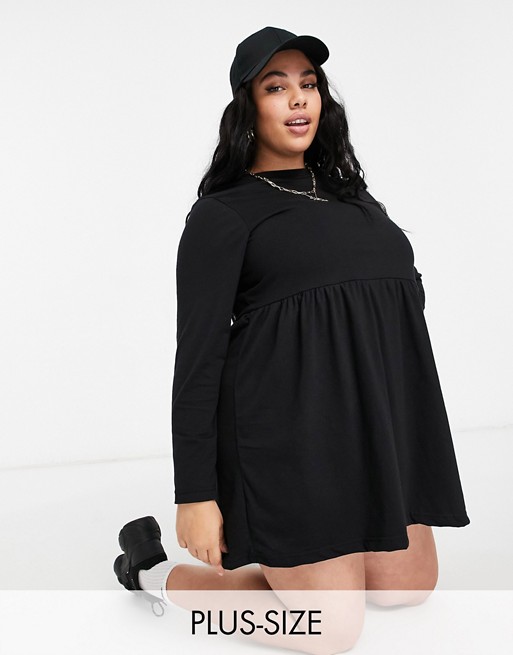 Missguided Plus smock dress with long sleeves in black