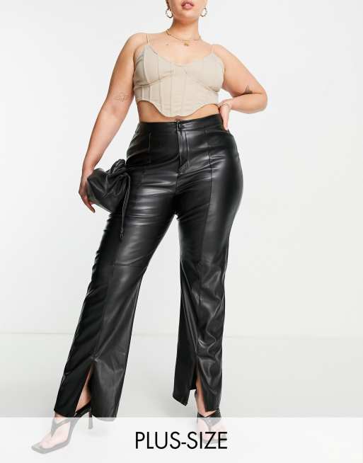 Missguided Plus split hem faux leather pant in black