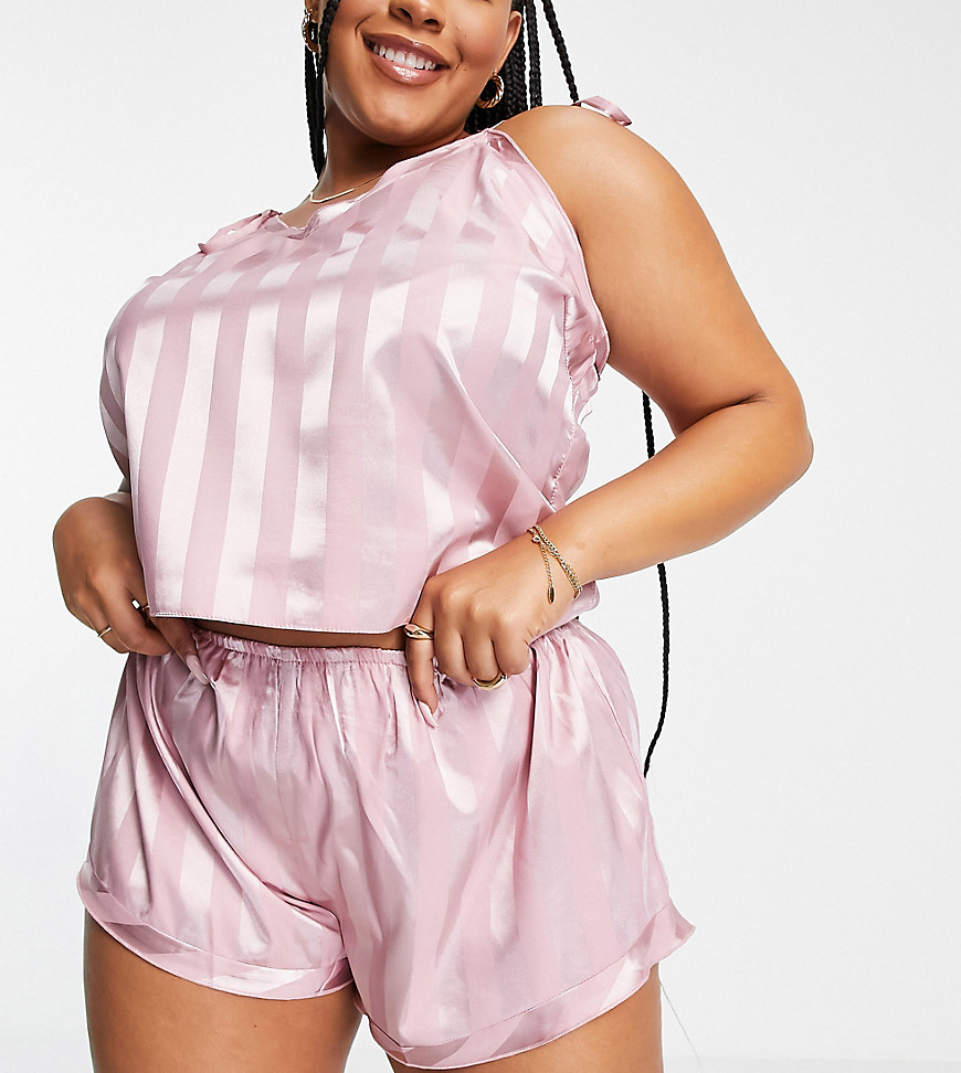 Missguided Plus stripe cami and shorts pajama set in pink satin