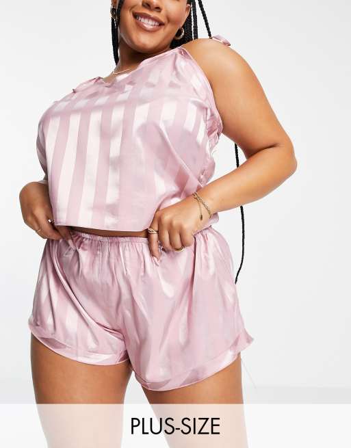 Missguided Plus stripe cami and shorts pyjama set in pink satin