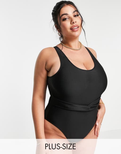 Missguided Plus swimsuit with loop belt in black